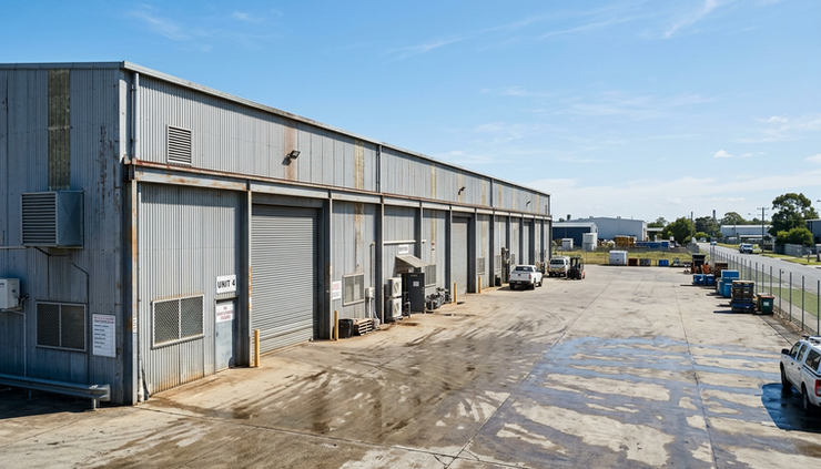 Wide-angle view of a sun-exposed metal building beside a concrete yard