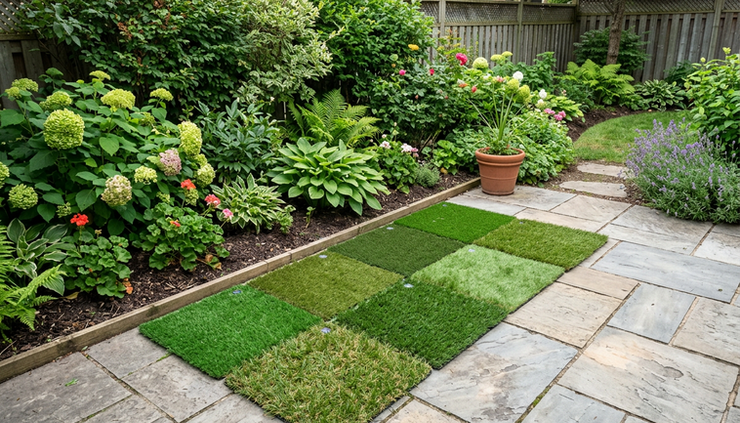 High-angle view of turf samples placed on a patio beside planting beds