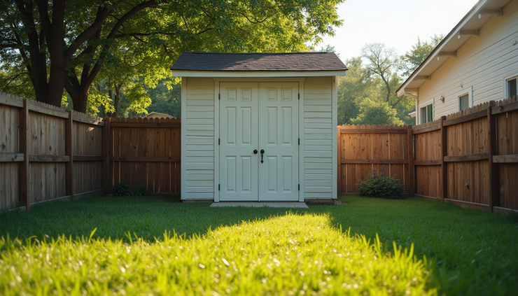 Eye-level view of a backyard shed with a wooden fence and green lawn