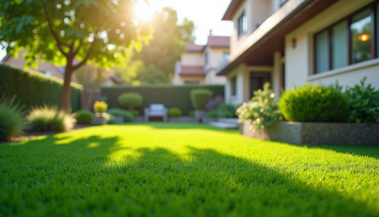 Eye-level view of a residential backyard with artificial turf and no visible lawn chemicals