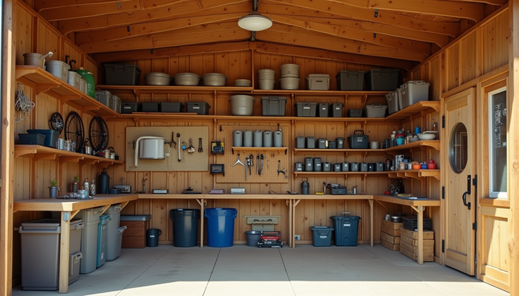 High angle view of a backyard shed interior showing organized shelves, pegboards, and storage bins