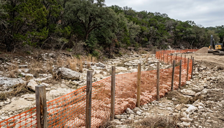 Eye-level view of erosion control fencing along a Central Texas creek near a future construction area.