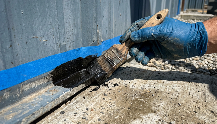Close-up view of a brush applying protective coating to a metal panel edge
