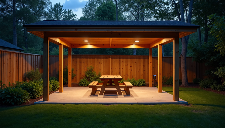 Wide angle view of a spacious carport with a picnic table and outdoor lighting in a Texas backyard