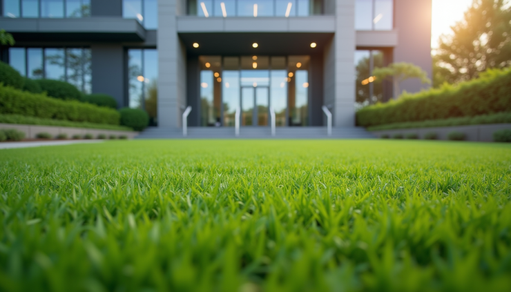 Eye-level view of a lush green turf lawn in front of a modern commercial building