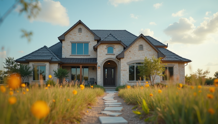 Eye-level view of a residential house with reinforced roofing designed to withstand strong Texas winds