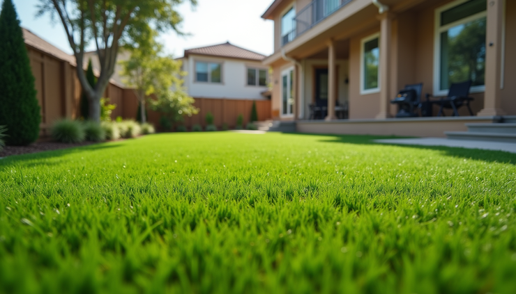 High angle view of a freshly installed turf lawn in a residential front yard