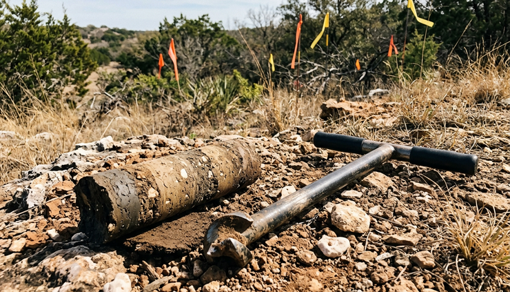 Close-up view of a soil sample beside a hand auger on a rocky Central Texas jobsite.