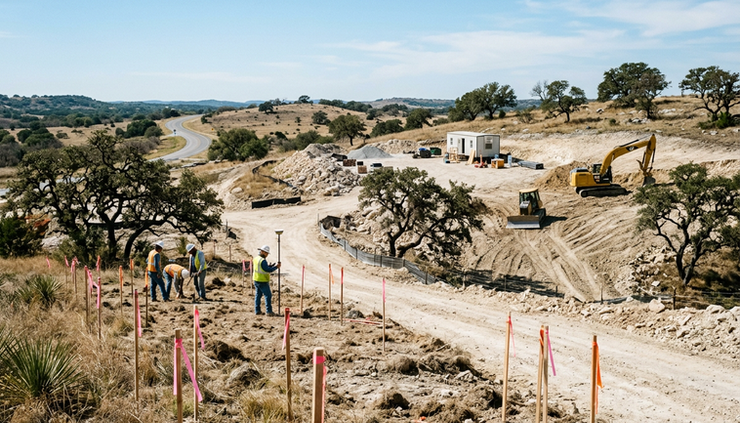 Wide-angle view of a Central Texas construction site with survey stakes in dry grass and limestone soil.
