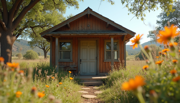 Eye-level view of a charming backyard shop with rustic wood siding and a small porch surrounded by Texas wildflowers