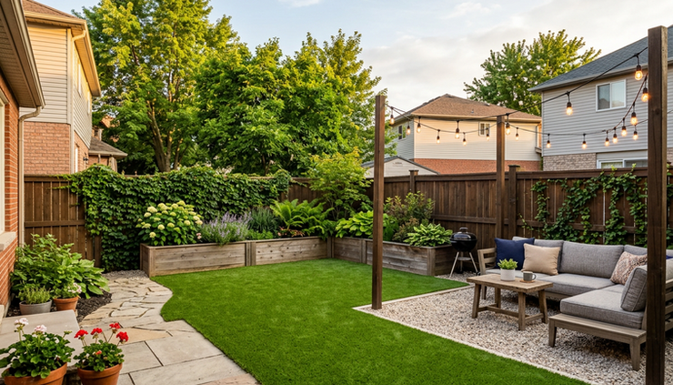 Wide-angle view of a small backyard with artificial turf, gravel seating, string lights, and simple planters