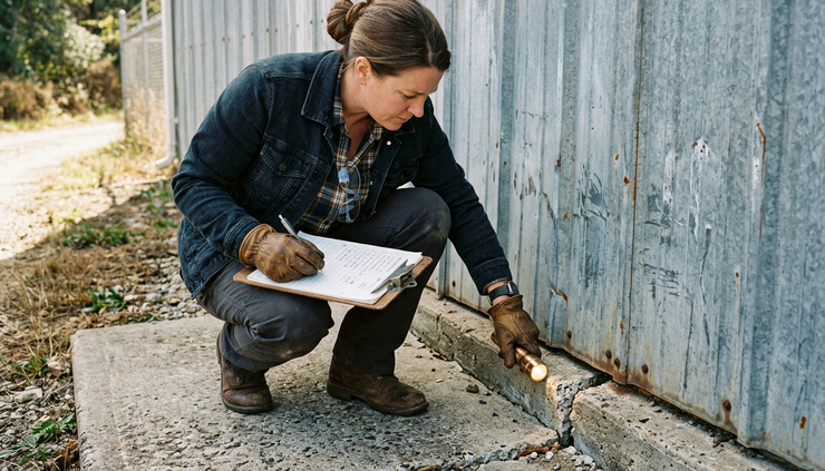 Eye-level view of a property owner inspecting exterior concrete and metal siding