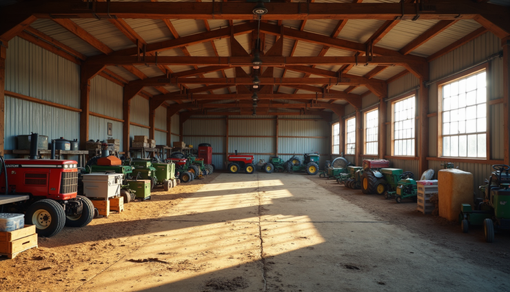 Eye-level view of a large utility building with farming equipment neatly organized inside