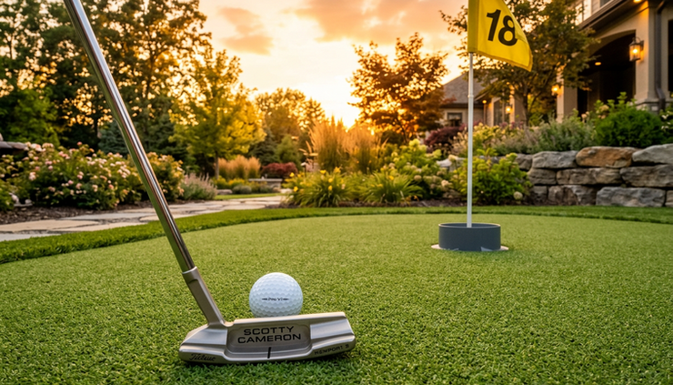 Low-angle view of a putter addressing a ball on a finished artificial turf green at sunset.