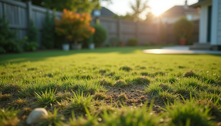 Eye-level view of a patchy grass lawn before turf installation