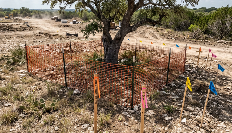 High-angle view of a survey crew marker, utility flags, and tree protection fencing on a Central Texas development parcel.