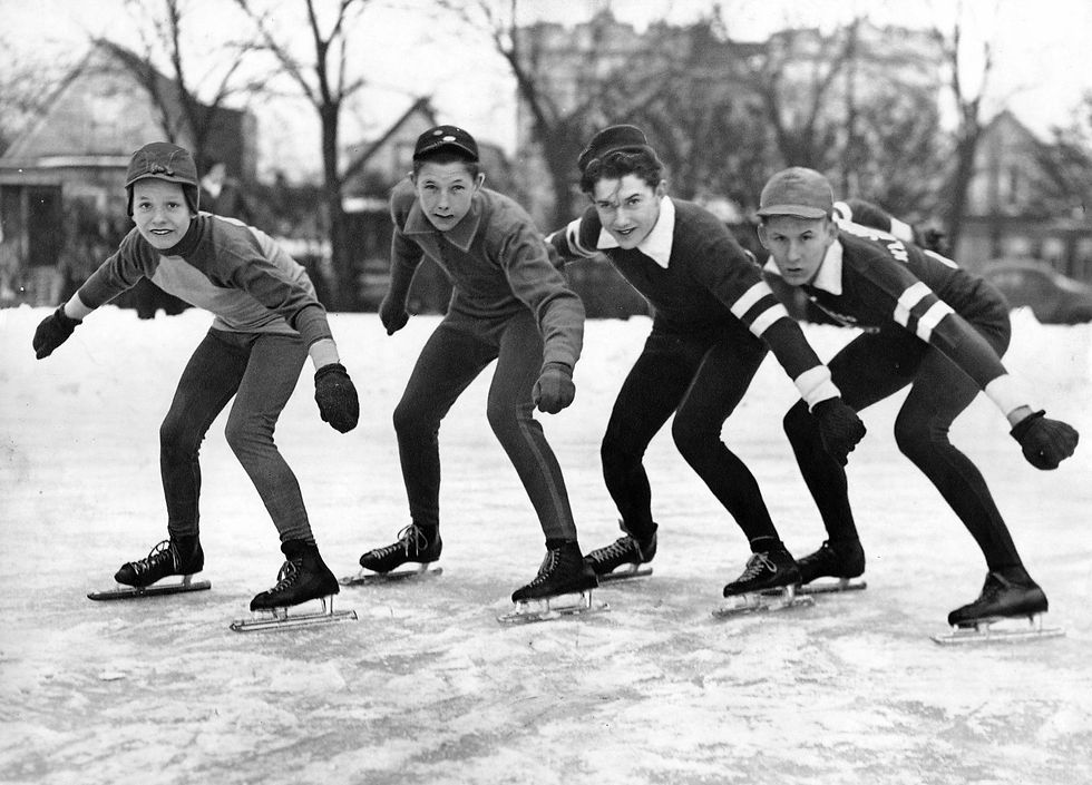 Historic speed skaters at starting l