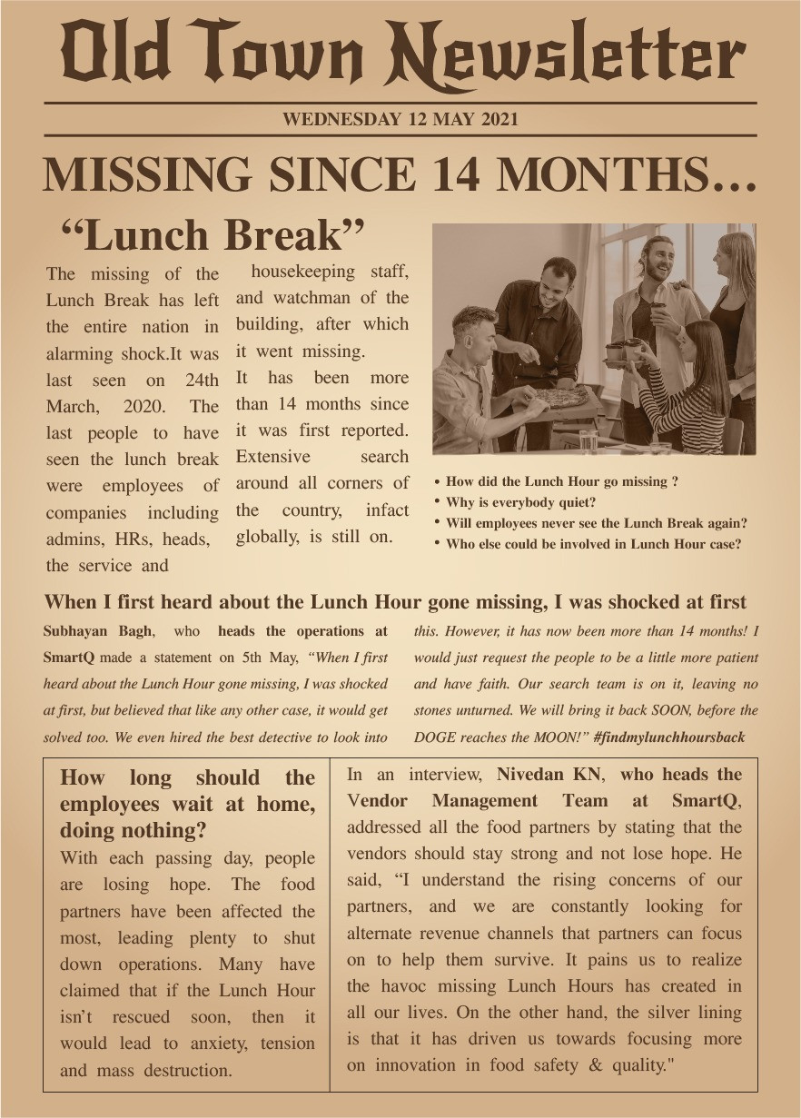 Newsletter on Lunch breaks at workplace went missing