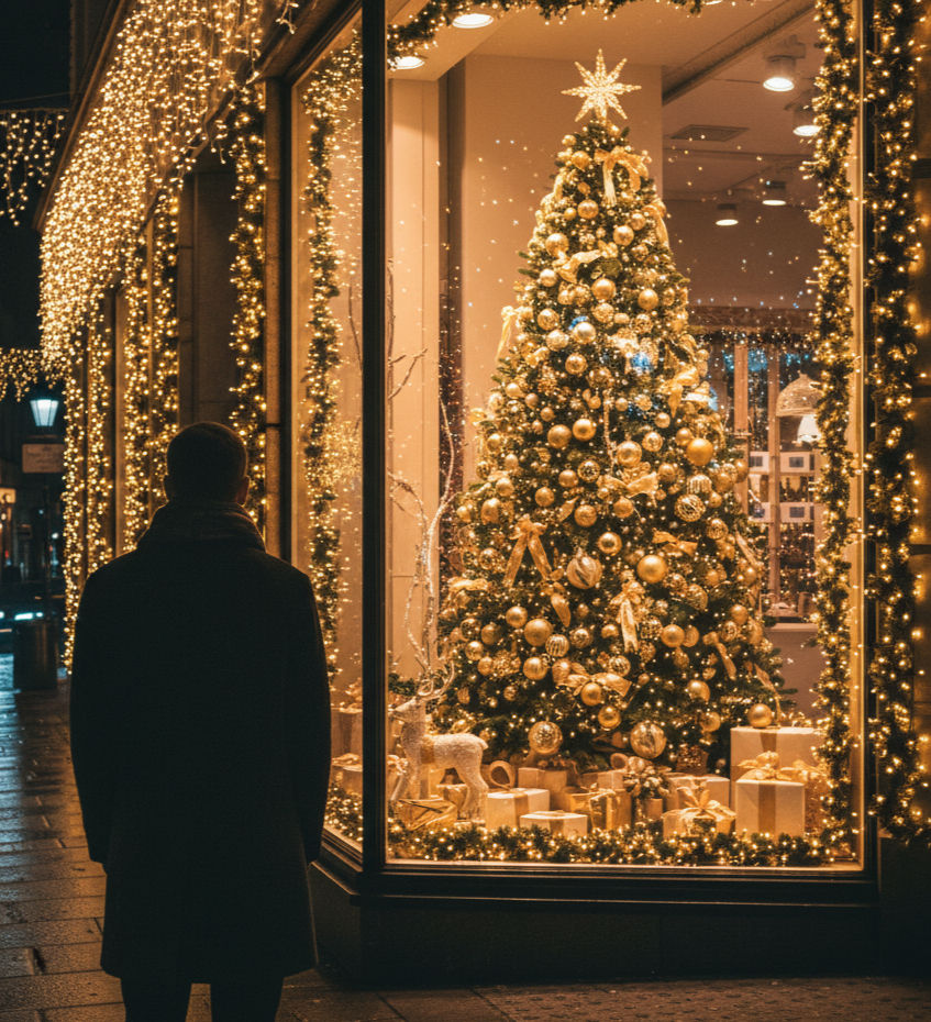 Homem contemplando decorações de natal