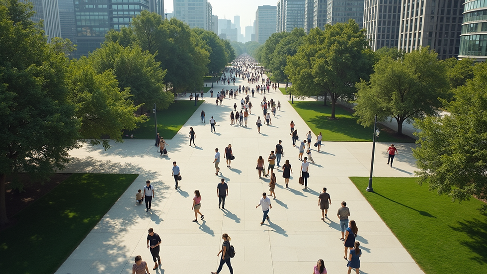 High angle view of a modern urban park with diverse people enjoying the space