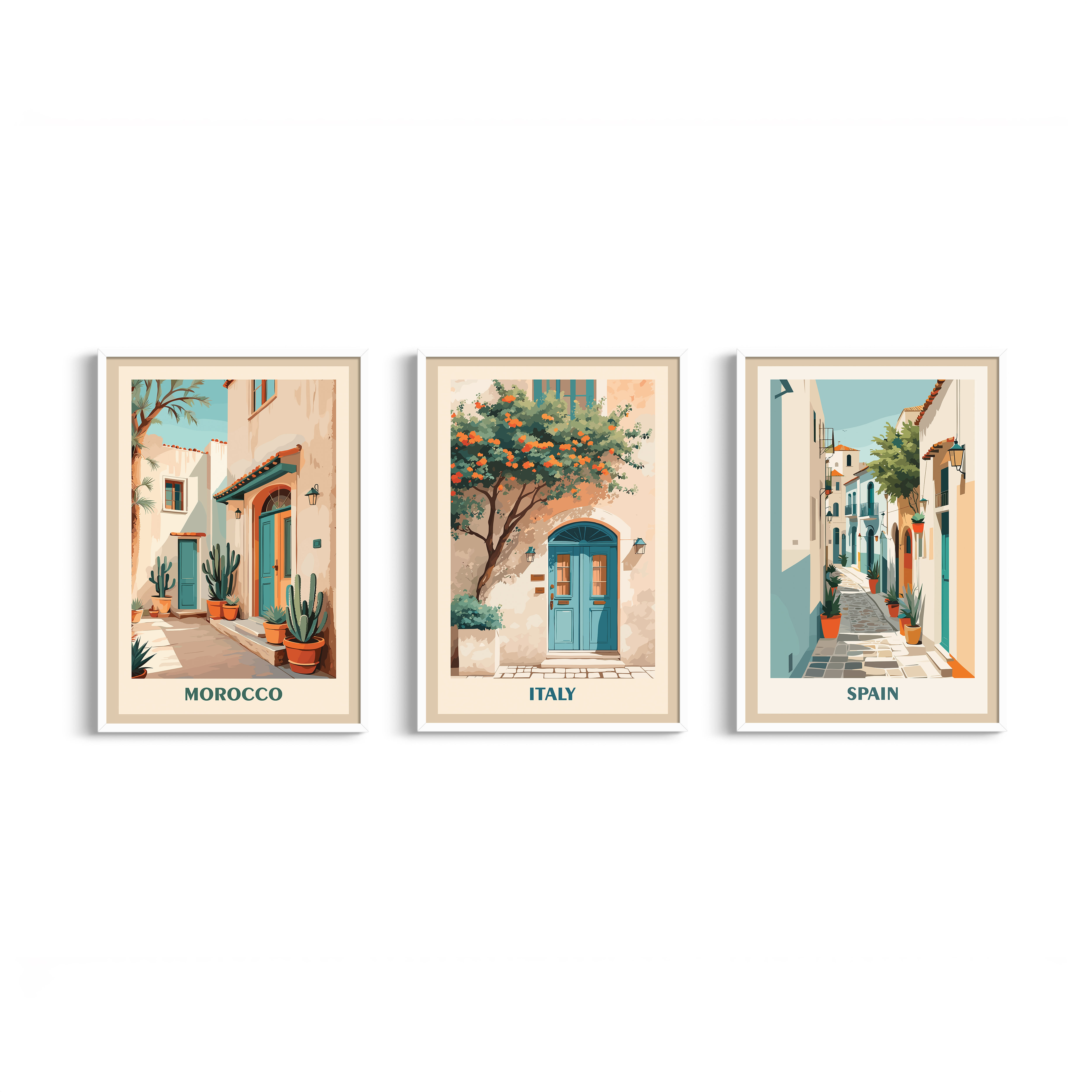 Set of 3 Art images of Spain Italy and Morocco