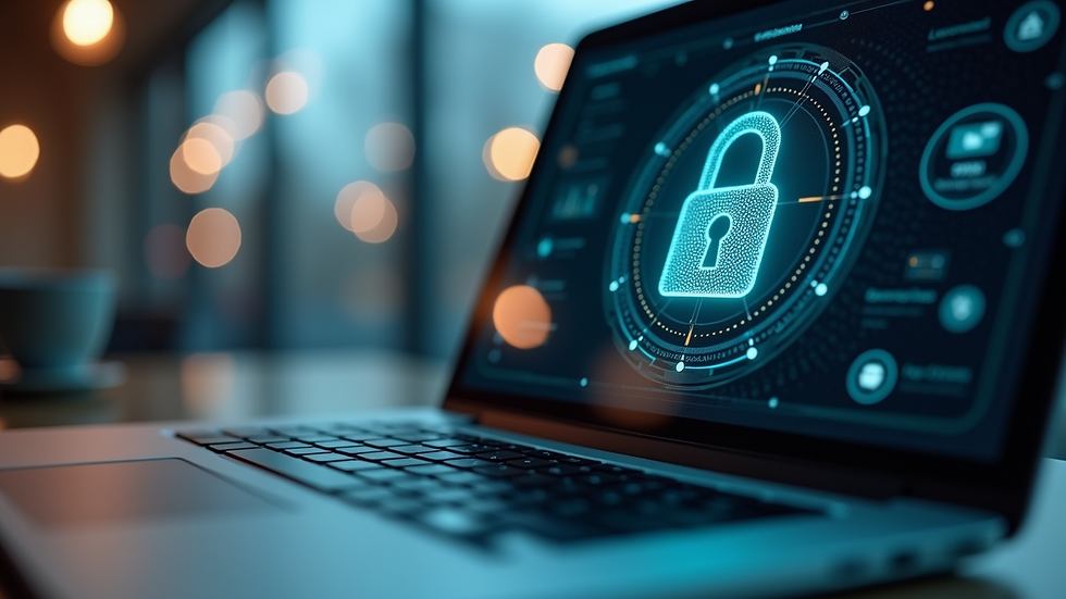 Close-up view of a laptop with a security lock icon
