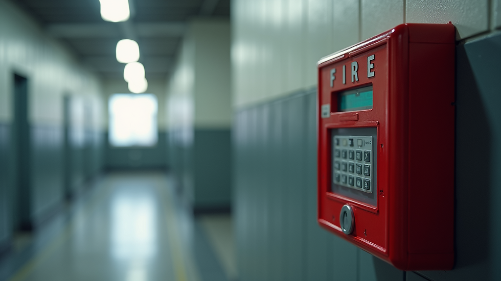 Close-up view of a fire alarm system panel on a wall