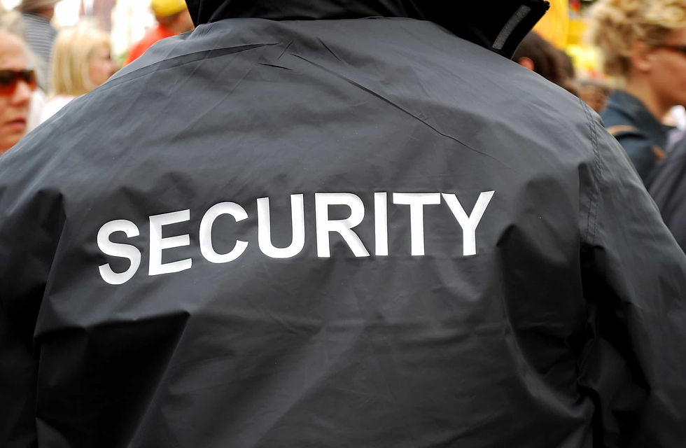 Eye-level view of a security guard patrolling a business parking lot