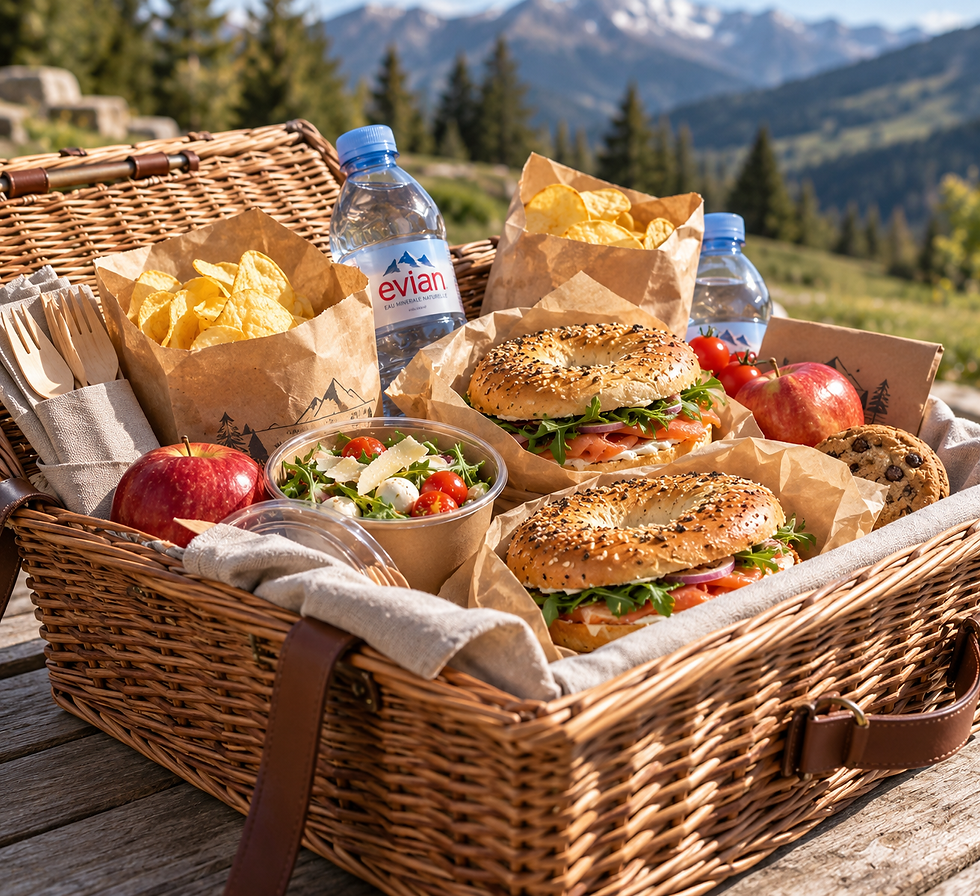 Panier pique-nique gourmand avec sandwichs, salade, fruits et biscuits dans un panier en montagne