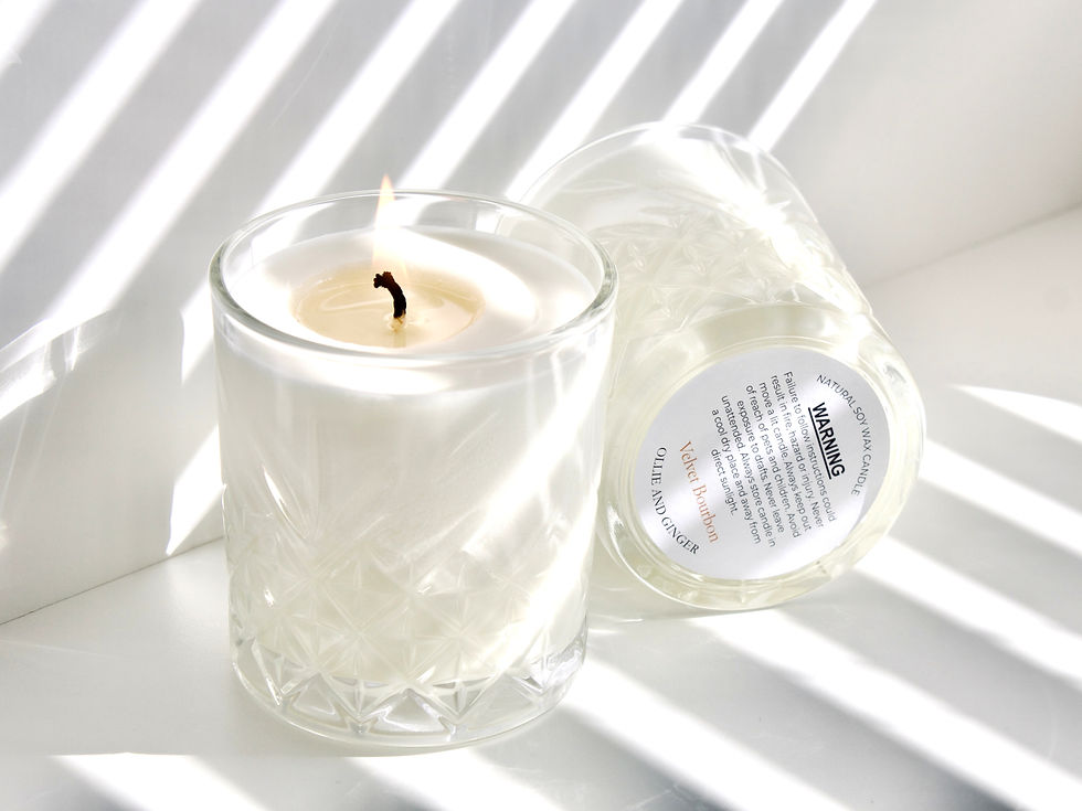 Thumbnail: Burning candle in a whiskey glass with label and shadow. cocktail scented candles.