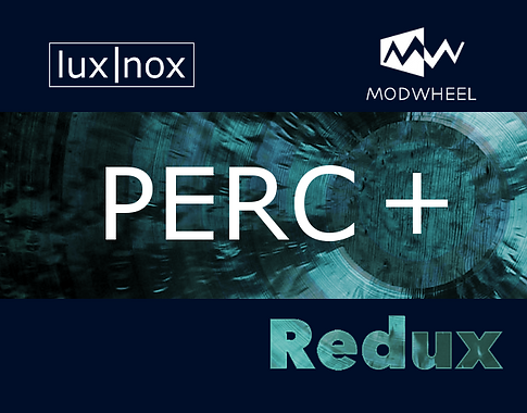 Out of focus green metal cymbal. Text that reads "Perc+ Redux"