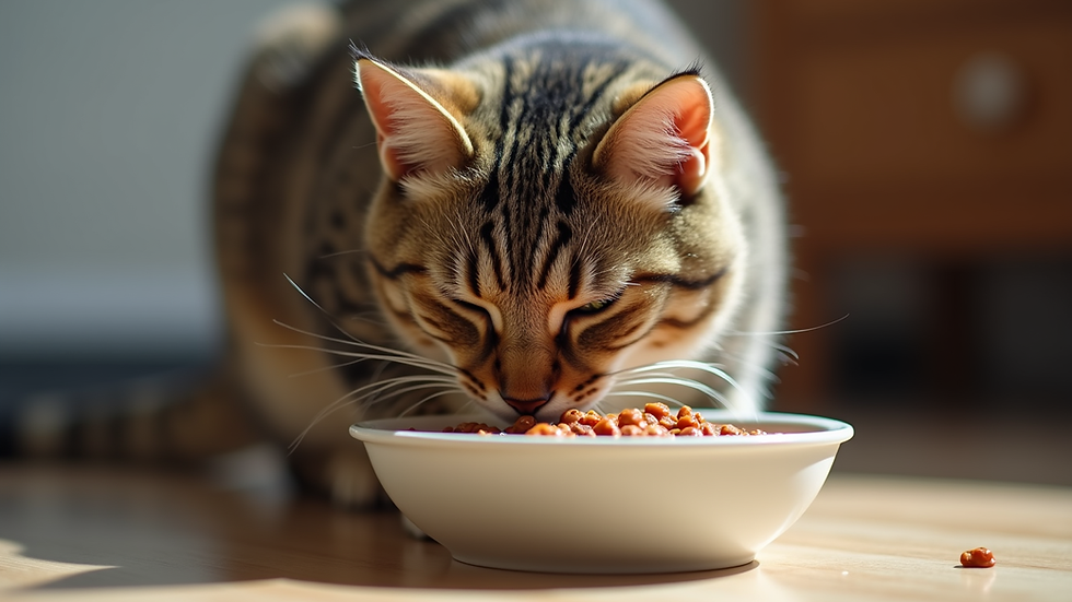 Close-up view of a cat eating wet food from a bowl