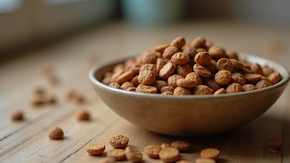 Eye-level view of a bowl filled with high-quality dry cat food