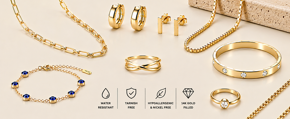 Gold jewelry collection with waterproof and tarnish-free icons