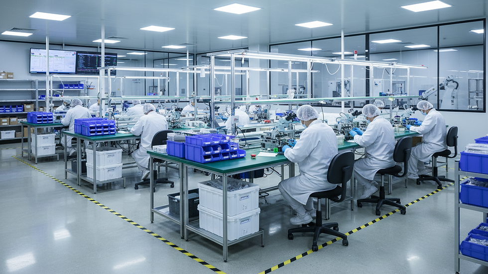 Eye-level view of a clean and organized medical device manufacturing floor
