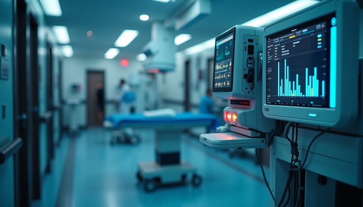 Eye-level view of a medical device connected to a hospital network showing cybersecurity monitoring