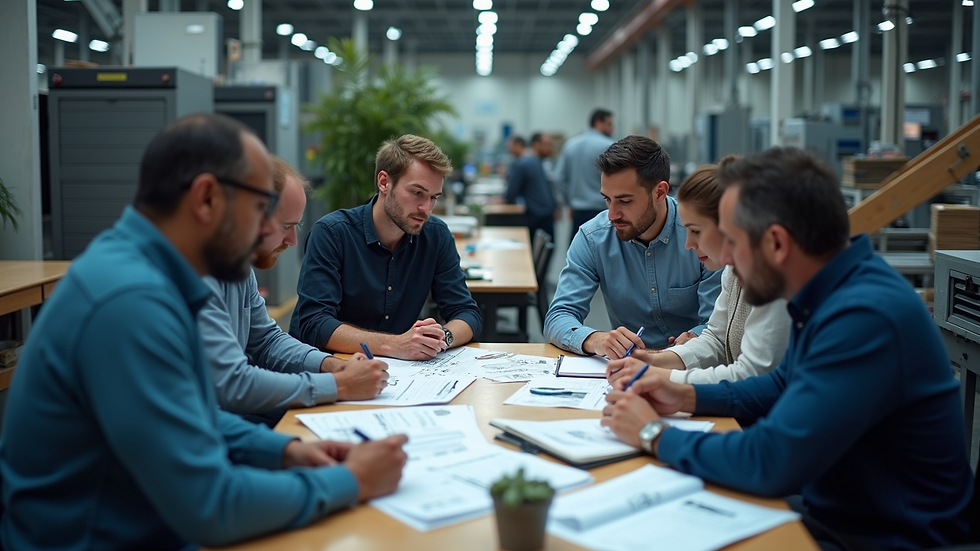 High angle view of a manufacturing team discussing process improvements around a table