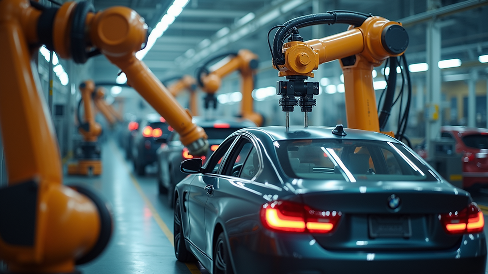 High angle view of automated robotic arms working on car assembly line