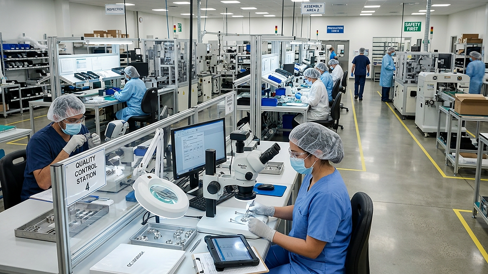 Eye-level view of a medical device manufacturing floor with quality control stations
