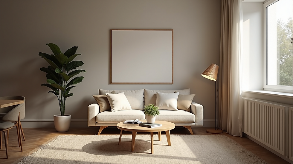 Eye-level view of a cozy apartment living room with modern decor