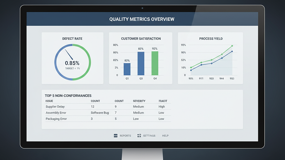 Close-up view of a computer screen displaying a quality management dashboard