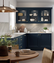 kitchen with blue cabinet doors