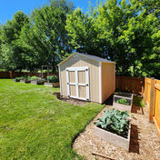 Tan shed in a lush backyard