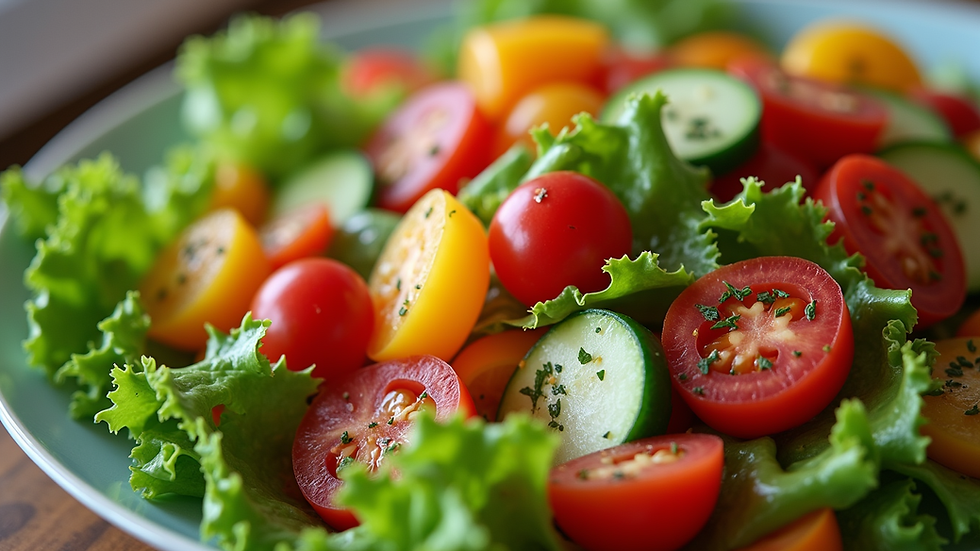 Close-up view of a colorful vegan salad with fresh vegetables