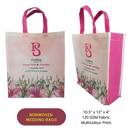 We specialized in creating an economical yet highly aesthetic keepsake for their esteemed guests. The bag is crafted from 120 GSM Nonwoven fabric, ensuring a premium, sturdy feel and superior strength for carrying favors.
The design features a vibrant multicolor print of floral artwork, which achieves maximum depth and richness thanks to the high GSM material. Sized perfectly at 10.5" x 12" x 4", with a stylish pink gusset, this bag is the ideal solution for premium wedding gifting.
Manis Creations provides custom-printed, durable, and sustainable Nonwoven Bags that turn every gift into a memorable gesture.
#NonwovenWeddingBags #120GSM #CustomGifting #WeddingFavors #SustainableBags #MulticolorPrint #Wedding #Manis Creations.