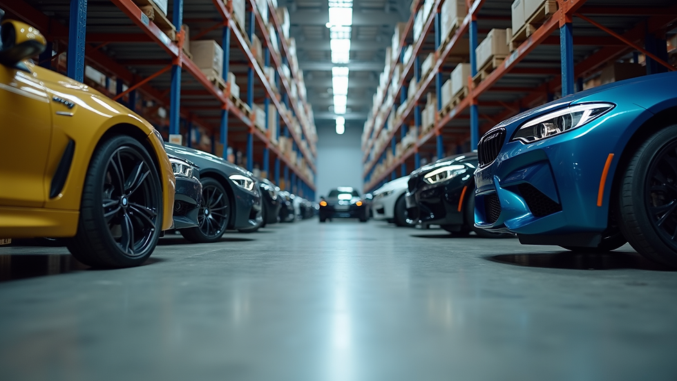 Eye-level view of a warehouse with BMW car parts neatly organized