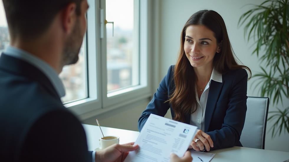 Eye-level view of a consultant assisting a client with visa paperwork
