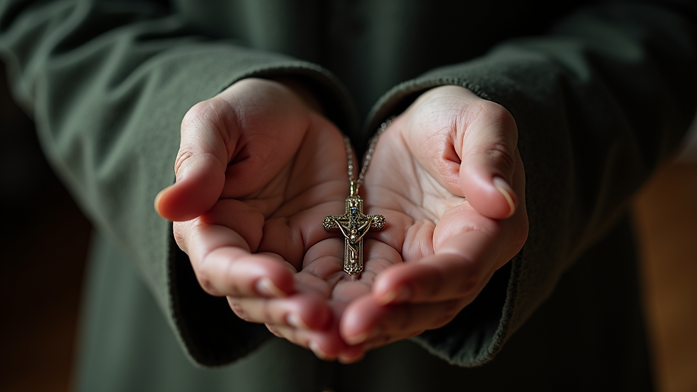 Close-up view of hands holding a cross necklace