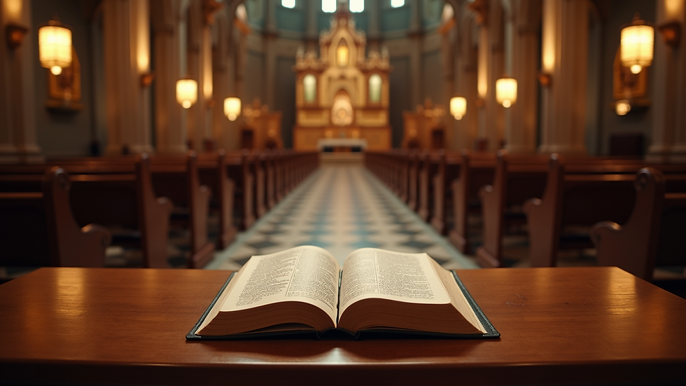 High angle view of a church altar with a Bible and candles