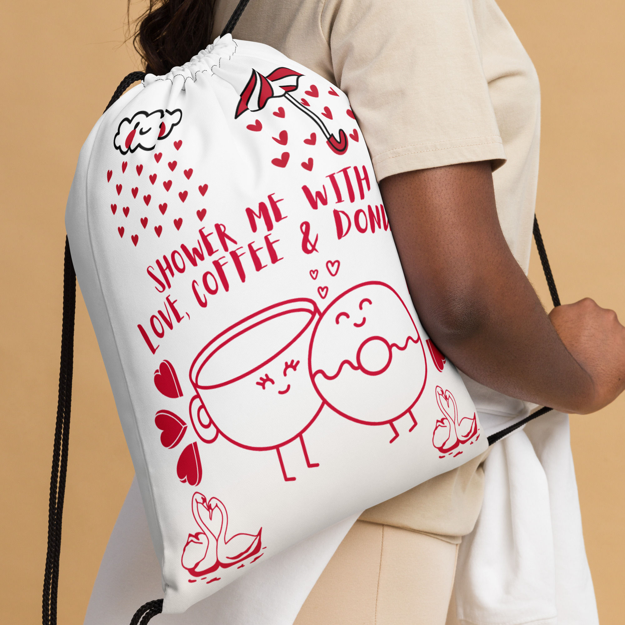 Shower Me with Love, Coffee & Donuts Drawstring Bag